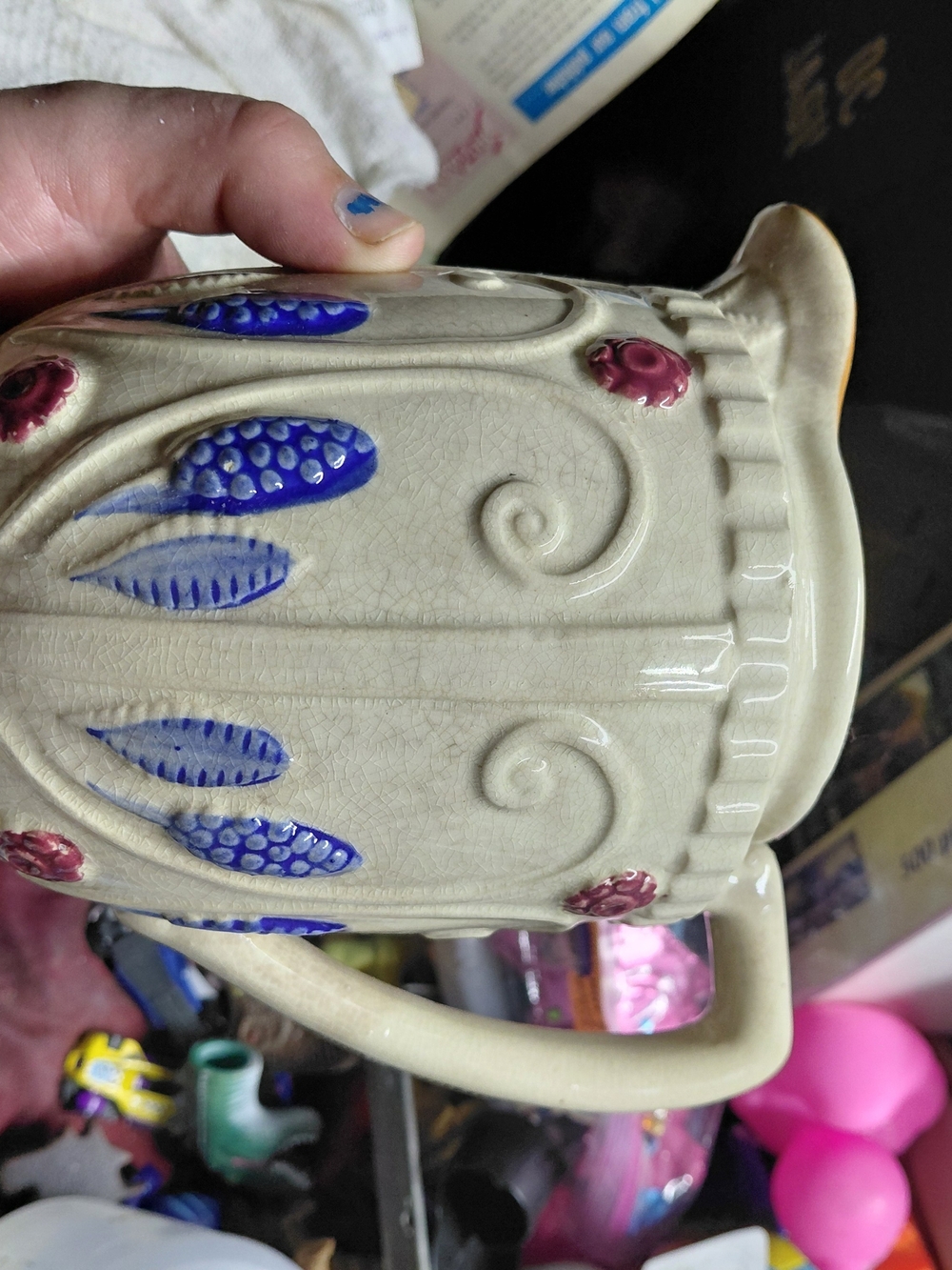 vintage Japanese majolica-style ceramic pitcher